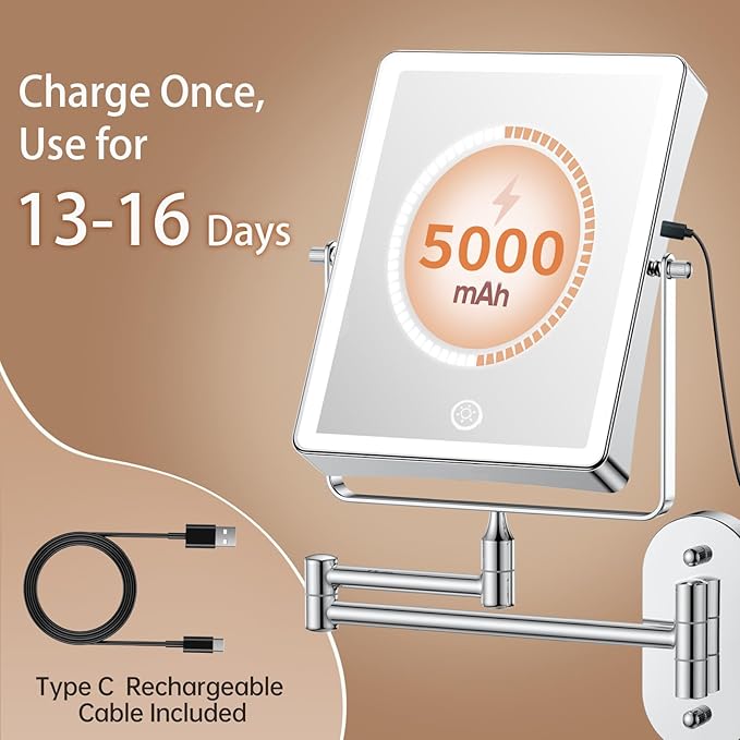 FASCINATE 5000mAh Rechargeable Wall Mounted Makeup Mirror, 8.7" Double Sided Touch Switch 1X/30X Rectangle Wall Mounted Magnifying Mirror with Light, 3 Color Setting, Extended Arm 360° Swivel Foldable