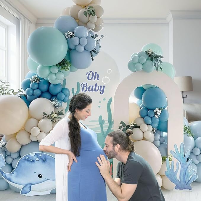 147pcs Under the Sea Balloons Garland Arch Kit with Dusty Slate Blue Pastel Green Sand White Latex Balloons for Ocean Themed Under the Sea Baby Shower Birthday Party Decorations