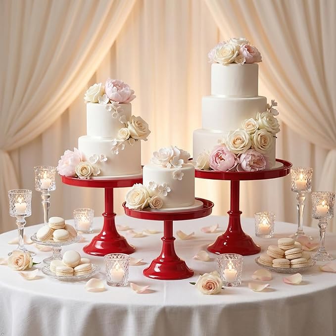 3 Pcs Metal Round Cake Stand Set 8“10”12" Cake Display Stand Dessert Cupcake Display Tray for Graduation,Wedding,Birthday,Party,Baby Shower,Anniversary,Ceremony,Christmas (Red)