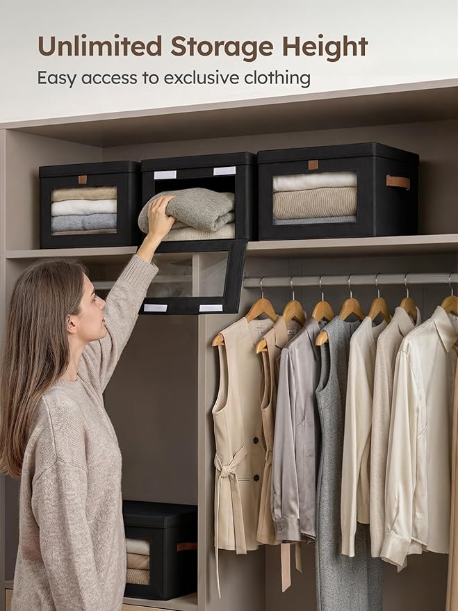 Homsorout Medium Fabric Storage bins - Closet Shelf Organizer with Open Window, 4 Pack Closet Baskets for Shelves, Stackable Decorative Boxes for Home, Dorm, Black, 13.7" x 9.8” x 9.8"