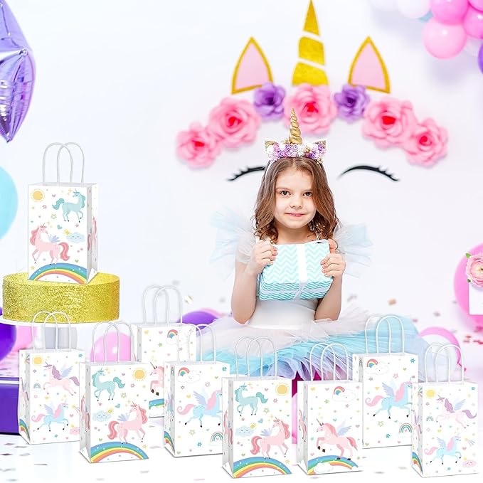 12Pcs Unicorn Party Favor Gift Bags with Handles Pastel Rainbow themed Goodie Bags Candy Bag for Birthday Party Decorations Paper Unicorn Gift Treat Bag for Kids Girl Baby Shower Parties Supplies