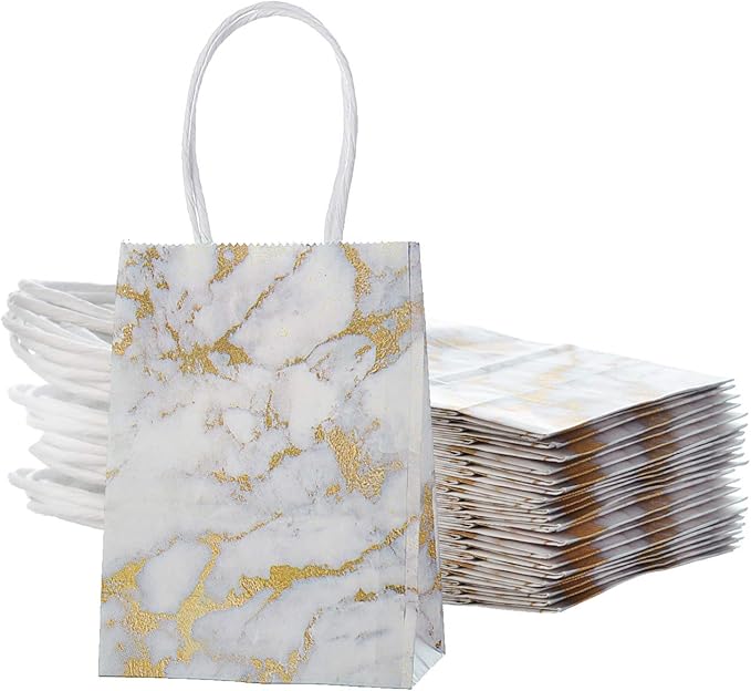 AWELL Mini Size Marble White Paper Bag with Handle - Party Favours Bag 6x4.5x2.5 inch for Wedding, Birthday, Baby Shower - Pack of 24