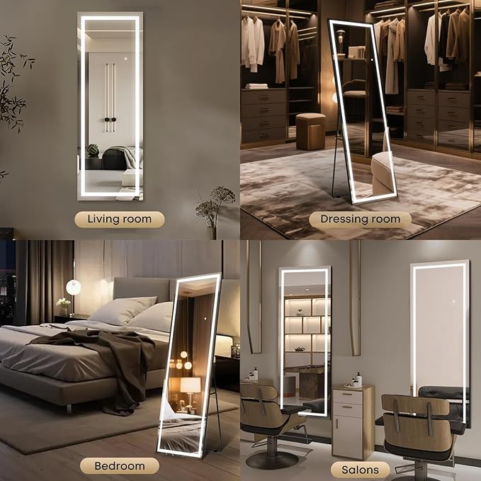 Kosmonia 59x16 Frameless Full Length Mirror, Dimmable 3 Color LED Light w/Memory Function, Distortion Free, HD Reflection & Anti Desilvering, Tempered Glass, Easy Setup w/Stand, Wall/Standing