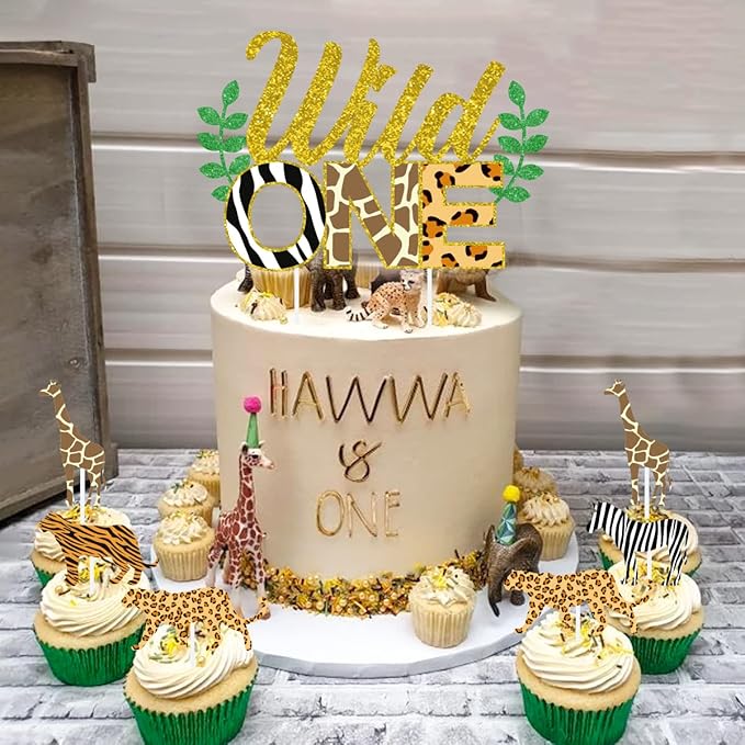 Wild One Cake Topper Jungle Animals Cupcake Toppers, Leopard Cheetah First Birthday Decorations Jungle Safari Zoo Theme Party Cake Supplies 25 Pack