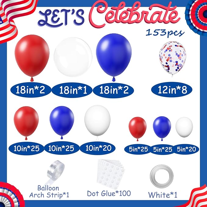 Red White and Blue Balloons Garland Arch Kit 153pcs 4th of July Decorations Independence Day Red White Blue Confetti Latex Balloons for Baseball Birthday Patriotic Party Graduation Party Supplies