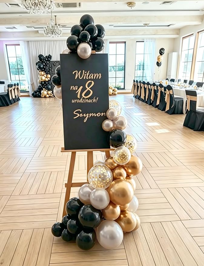 Black Gold White Balloon Arch Garland Kit - Double Stuffed Pearl White Balloons with Black, Gold & Confetti Balloons for Wedding, Bridal Shower, Birthday, Graduation Party Decorations