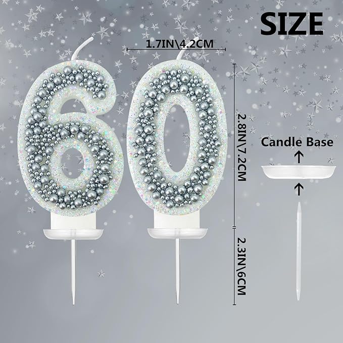 60 Birthday Number Candle for Cake, Glitter Number Candle with Silver Beads, Decorative Cake Topper for Milestone Celebrations
