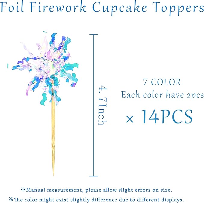 14PCS Foil Firework Cupcake Toppers, 7 Color Happy Birthday Cake Toppers, Sparkle Tinsel Flower Drink Stirrers Cocktail Food Fruit Toothpicks for Cake Decoration Party Supplies