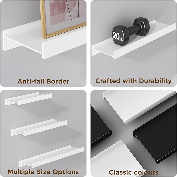 Floating Shelves for Wall, Wall Mounted Shelves with Lip for Storage, Metal Display Shelves for Home Decor, Kitchen/Living Room/Bedroom/Bathroom Shelf, White 16 inch 1 Pack