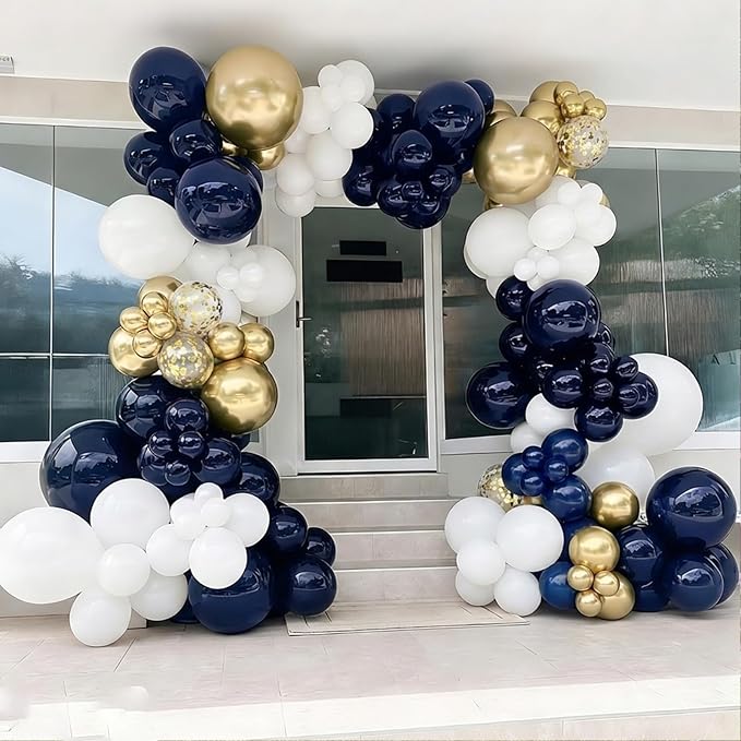 YMSZ Navy Blue and Gold Confetti Balloons, 67pcs 12 Inch Blue White and Gold Latex Balloons for Birthday Party Baby Shower Graduation Class of 2026 Prom Decorations