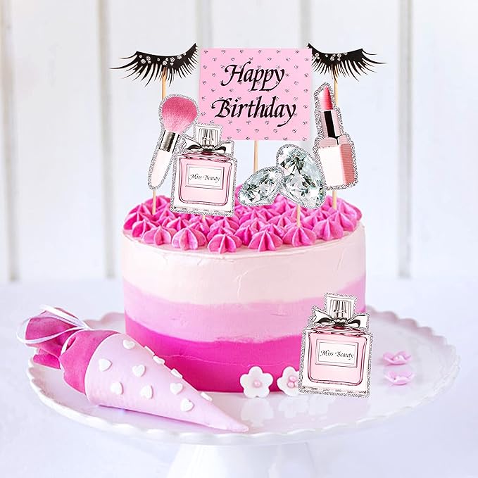 Ercadio 28Pcs Makeup Birthday Cupcake Toppers Diamond Lipstick Cupcake Picks Eyelash Food Picks for Makeup Girl Pink Birthday Cupcake Decorations Bridal Shower Cosmetics Bachelorette Party Supplies