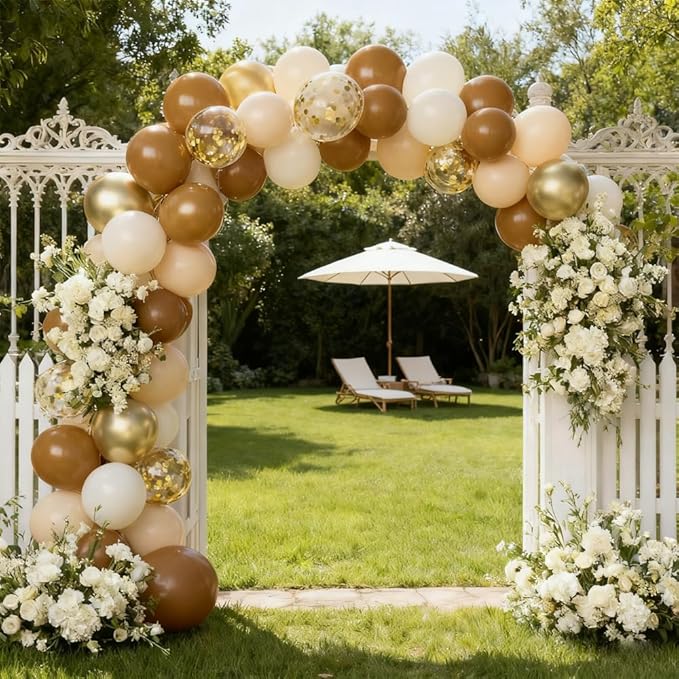 Brown and Gold Balloons, 12 Inch Light Sand White Confetti Balloons for Neutral Bridal Shower, Birthday, Baby Shower Party Decorations
