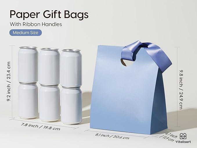 Vitalizart Paper Gift Bags With Ribbon Handles Set of 10 Assorted Colors Bulk Reusable For Gift Wrap Girls Kids Birthday Bridal Shower Party Favors Goodie Bags Candy 8.07"x4.72"x9.84" Medium Size
