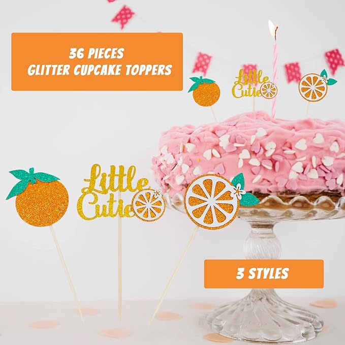 36 Pieces Little Cutie Glitter Cupcake Toppers, Orange Cupcake Picks for Citrus Theme Party, Baby Shower Kids Birthday Party Decorations