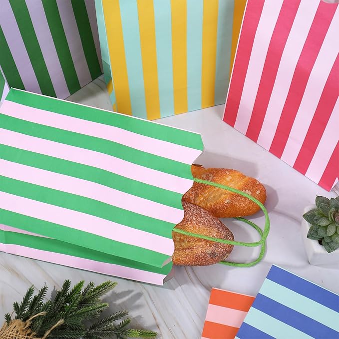 Whaline 24 Pcs Colorful Paper Gift Bag Treat Bags with Handles Stripe Scalloped Candy Goodie Bags for Party Favors Supplies