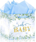 Woosytoo Extra Large Baby Boy Gift Bag, Baby Shower Square Gift Bags Blue Floral Wrapping Paper Bag Oh Baby Jumbo Gift Bags for Boys New Parents Gender Reveal Party Favors