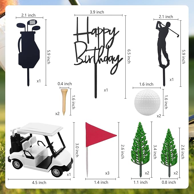 MEMOVAN 2026 New Golf Cake Decorations Golf Birthday Cake Toppers Mini Golf Cart Toy Golf Theme Cake Decorations with Cart Flag Golf Ball Green Tree for Golf Theme Party Supplies