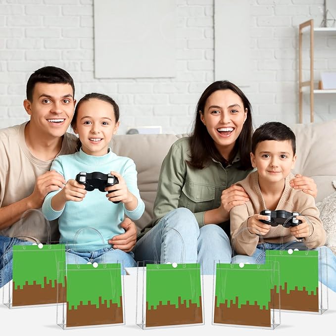 24Pcs Pixel Clear PVC Gift Bags with Handles Video Game Party Favor Bags Pixel Reusable Gift Wrap Tote Bag Gamer Goodie Treat Bag for Pixelated Birthday Baby Shower Party Supplies 8x8x3 Inch