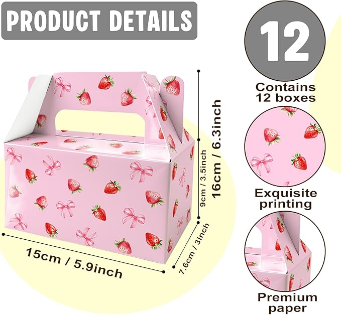 BGFMVS 12 Pack Candy Gift Boxes with Handles, Pink Strawberry Bow Party Favors for Birthdays & Parties, Suitable for Adults & Kids, Snack Holders for Cookies & Cupcakes, Pink Bow Decorations
