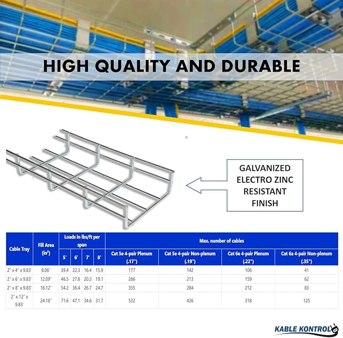Kable Kontrol 2" Side Floor Bracket – Wire Mesh Cable Tray Support - Wire Mesh Tray Cable Management Rack Cable Basket, Zinc Plated Steel NEC Approved for Network, Fiber Optic, Cabling Accessory