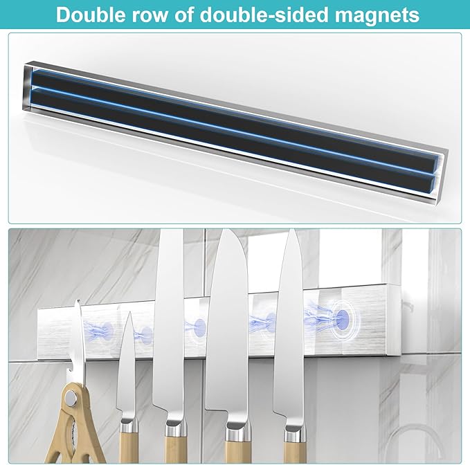 Magnetic Knife Holder for Wall, No Drilling Magnetic Knife Strip Adhesive Knife Holder Magnet Knife Bar, Wall Mount Knife Rack Block Metal Tool Holder for Utensils RV Kitchen Organization, 14 Inch