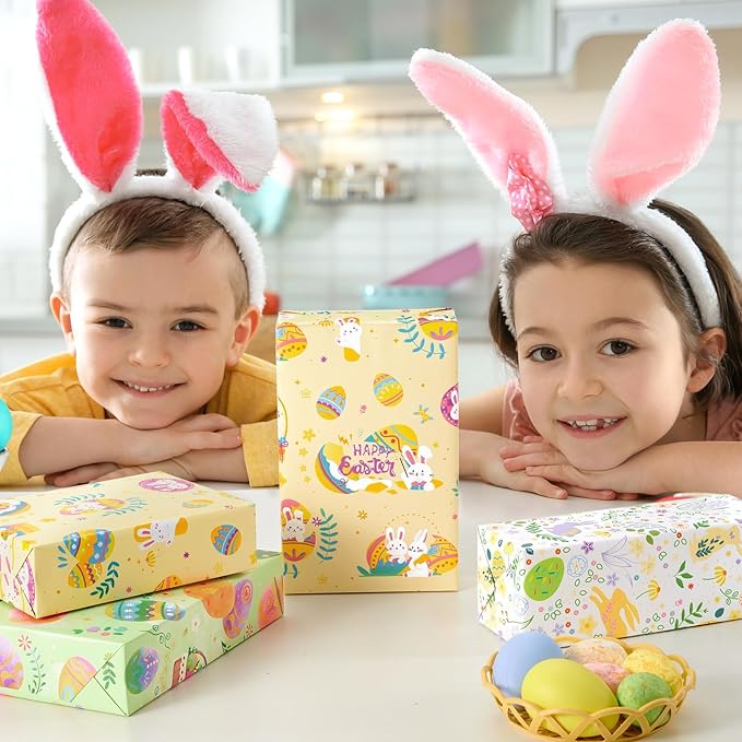 WERNNSAI Easter Wrapping Paper Roll - 3 Roll 17” x 120” Easter Gift Wrapping Paper for Kids Easter Bunny Wrapping Paper Yellow Green Easter Eggs Wrapping Paper Easter Decor Baby Wrap Festival Supply