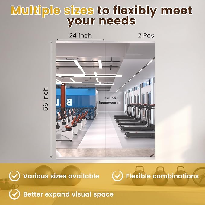 LOAAO Home Gym Mirror, 56"x24"-2 PCS Gym Mirrors for Wall, Frameless, Tempered Glass, Large Workout Mirrors for Home Gym, Dance Studio, Yoga Room, Garage Gym