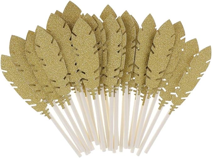 30pcs Feather Cake Toppers Cupcake Food Picks for Wedding Birthday Party Decoration - Golden