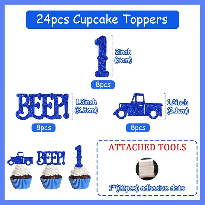 24Pcs Blue Truck 1st Birthday Cupcake Toppers Blue Truck Beep Beep Beep Cake Decorations for Boys and Girls Farm Themed 1st Birthday Party Decor Glitter Cake Decor Car Themed Party Supplies