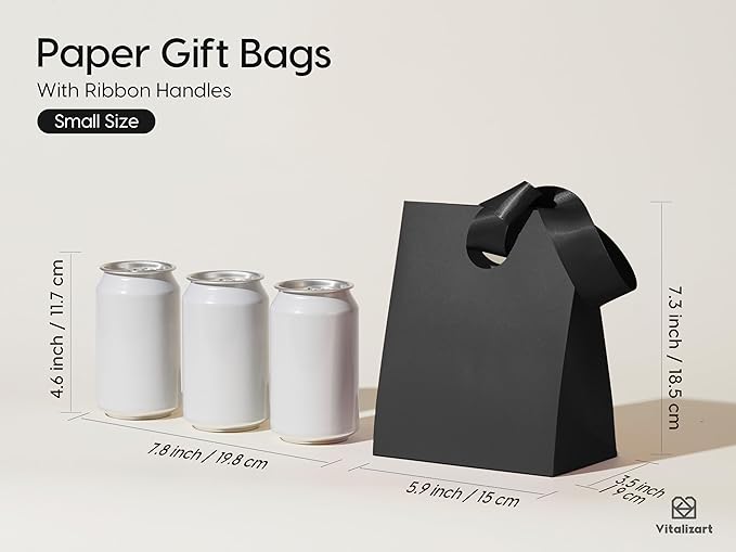Vitalizart Paper Gift Bags With Ribbon Handles Set of 10 Black Bulk Reusable For Gift Wrap Girls Kids Birthday Bridal Shower Party Favors Goodie Bags Candy Christmas 5.91"x3.54"x7.28" Small