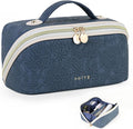 Prite Makeup Bag for Women Travel Waterproof Vegan Leather Cosmetic Bag Open Flat Toiletry Bag With Clear Divider and Handle (Blue Flower, Medium)