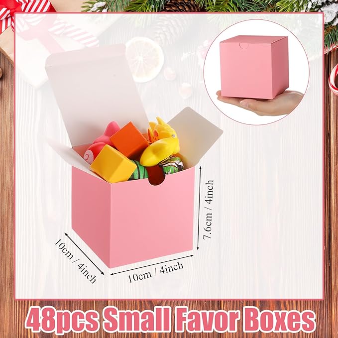 Zhehao 48 Pack Pink Gift Boxes Small Cardboard Gift Boxes with Lids Bulk 3 x 3 x 3 Inch Square Kraft Cube Paper Box Assemble for Candles Wedding Presents Easy Birthday