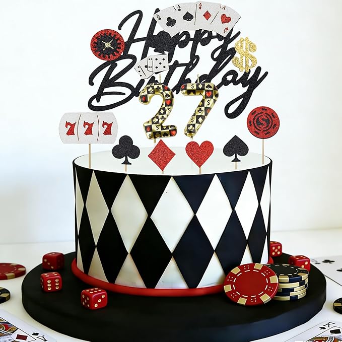 Casino Birthday Number Candles for Cake, Poker Birthday Candles for Casino Themed Birthday Party Decoration, Glitter Casino Birthday Cake Topper for Casino Night Theme Birthday Cake(Number 66)
