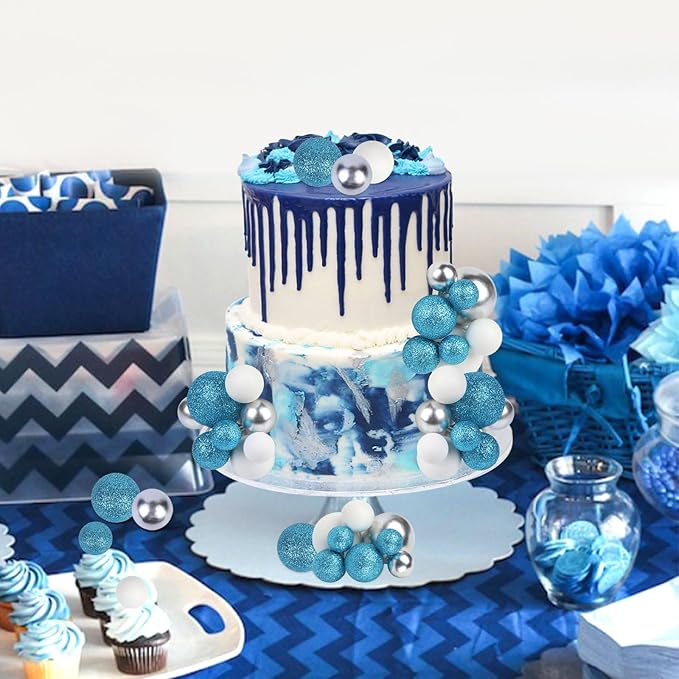 52 Pcs Ball Cake Decorations - Teal Blue White Silver Ball Dessert Picks Cake Cupcake Toppers, Birthday Party Baby Shower Gender Reveal Cake Supplies