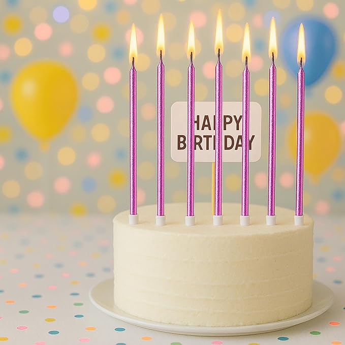 by Tugba Aydan - Pink Birthday Candles, 24 Pack, Long Thin Metallic Cake Candles with Holders, Elegant Pink Candles for Cakes, Cupcakes & Parties