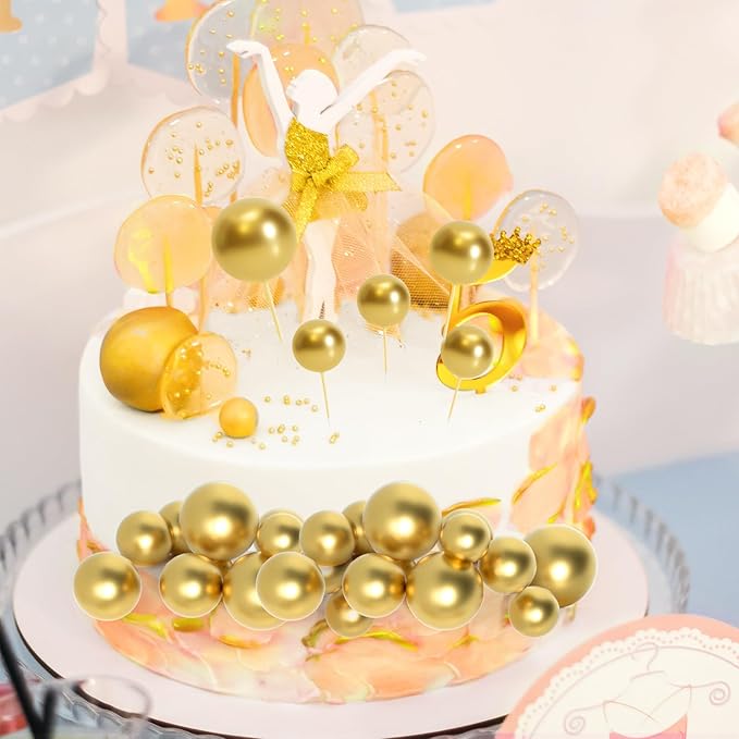 138 Pcs Gold Balls Cake Topper Decorations Balloon Cupcake Toppers Foam Multisize Cake Topper Balls for Graduation Birthday Party Wedding Anniversary