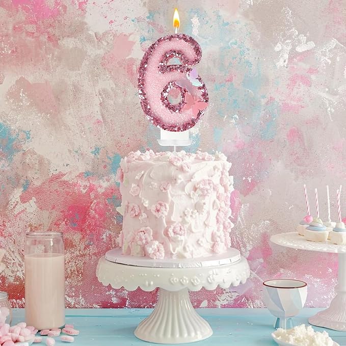 6th Birthday Candles，Glitter Butterfly Cake Toppers Pink Sequins Wedding Numeral Cupcake Decorations，Suitable for Girl and boy Wedding Cakes, Party Celebrations, Birthday Decorations