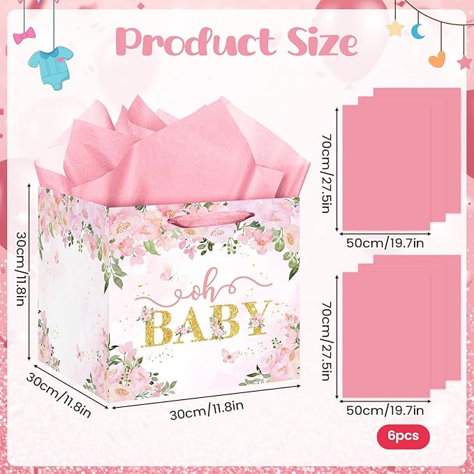Extra Large Baby Gift Bag, Pink Floral Square Gift Bags Baby Shower Wrapping Paper Bag with Tissue Paper Oh Baby Jumbo Gift Bags for Sweet Baby Girl New Parents Gender Reveal Party Favors