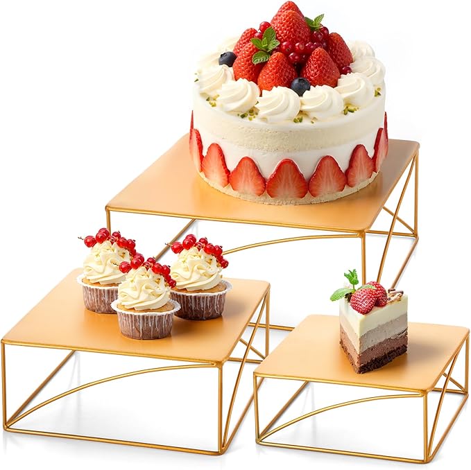 Wenqik 3 Pcs Buffet Riser Set 8" 10" 12" Gold Cake Stand, Metal Display Catering Dessert Table Riser Food Display Stand for Wedding Birthday Party Anniversary Reception