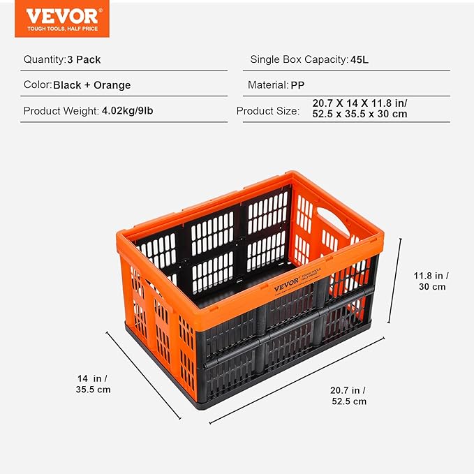 VEVOR 45L Collapsible Milk Crates 3 Packs, Stackable Storage Baskets with Handles, Folding Storage Containers for Organizing Tools, Books, Food, Drinks, Camping & Transport