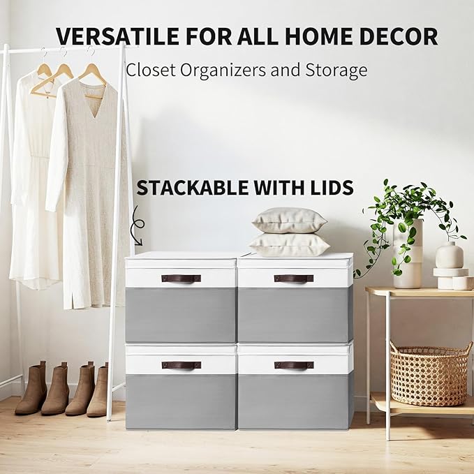 2 Pack EXTRA LARGE Blanket Storage Baskets with Lids, 22”x16”x12” Closet Organizers Bins for Clothes Towel/ Storage Box with Lid Handles/ Stackable Decorative Fabric Bins for Living Room, Nursery