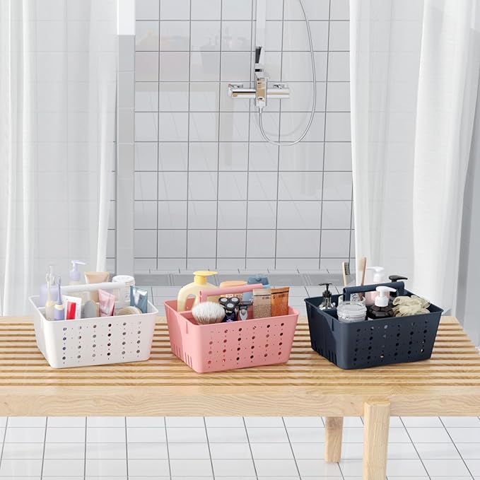 Lifewit Shower Caddy Portable, Plastic Bathroom Organizer with Handle and Holes, Hard Cleaning Basket for Toiletry Storage, College Dorm Essentials, Pink, 3 Packs