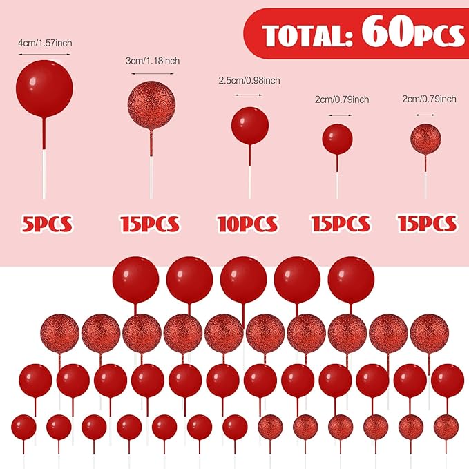 60Pcs Glitter Cake Balls Decorations Foam Cake Topper Balls Mini Balloon Cupcake Toppers for Cake Decorating Birthday Baby Shower Party (Glitter Red)
