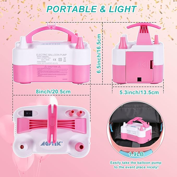 AGPtEK Electric Air Balloon Pump with Built-in Tying Tool, 110V 600W Pink and White Portable Dual Nozzle Inflator/Blower for Party Decoration with Tying Tool on Handle