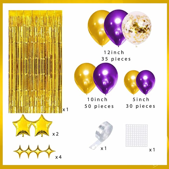 Purple Gold Balloon Garland Arch - 124PCS Purple and Gold Balloons Gold Star Balloons Purple Tinsel Foil Fringe Curtain for Birthday Wedding Anniversary Graduation Party Decorations