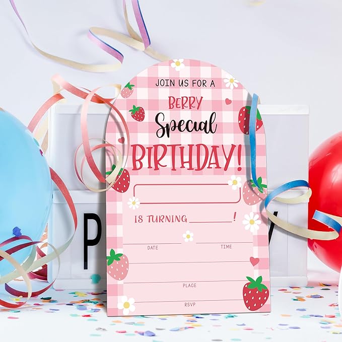 Special Berry Birthday Party Invitations, Strawberry Party Invitations for Girls, 20 Fill-In invites with Envelopes, Strawberry Theme Birthday Party Favor & Decoration (arch)