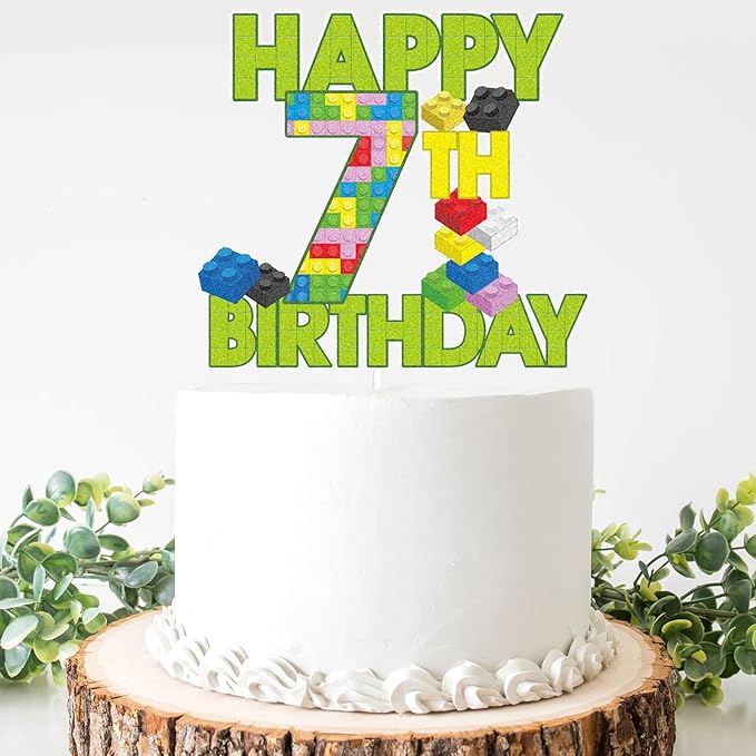 Happy 7th Birthday Building Block Cake Topper - Puzzle Games 7th Birthday Party Green Cake Topper Supplies - Building Block Party Decoration For Adult