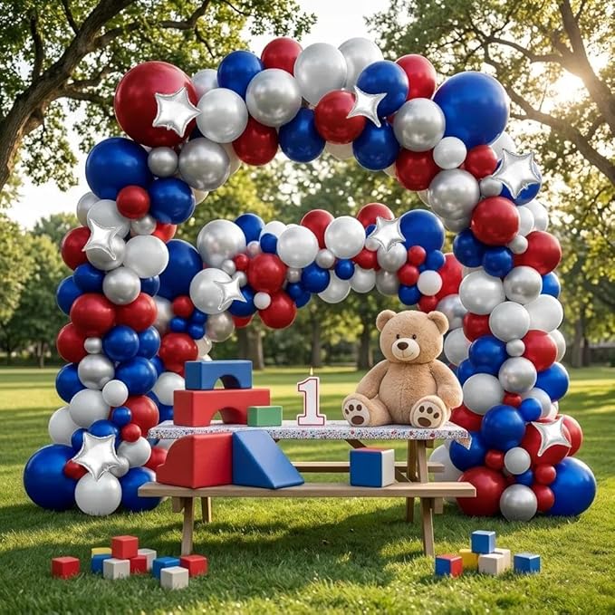 Red White Blue Balloon Arch Double Stuffed Burgundy Navy Blue Silver Pearl Balloons with 4 and 5 Corner Star Foil Balloon Garland for Graduation 4th Of July Patriot Independence Day Birthday Decor