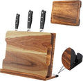 3 in 1 Magnetic Knife Block Stand, 14"x10" Cutting Board, Knife Sharpener - Wooden Magnetic Knife Holder - Acacia Display Holder Double Sided Storage Rack Magnets for Knives - No Assembly Required