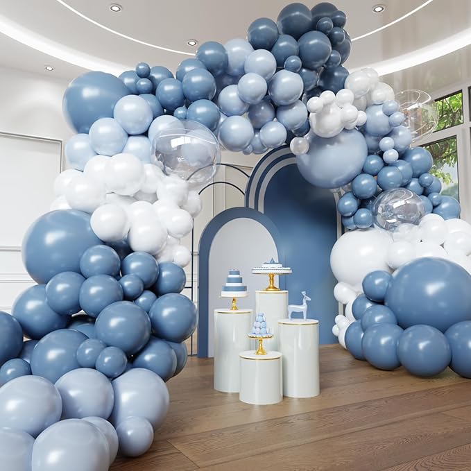 Dusty Blue Balloon Arch Kit, 102pcs Light Blue and White Difference Sizes Latex Balloons with 16ft Tape Strip & Dot Glue for Baby Shower, Birthday, Anniversary,Wedding Decoration